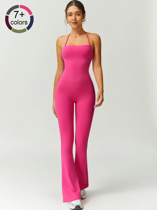 Women's Solid Color Flare Leg Jumpsuit - Casual and Breathable Sportswear for Yoga and Gym Workouts, Ideal for Summer Fitness
