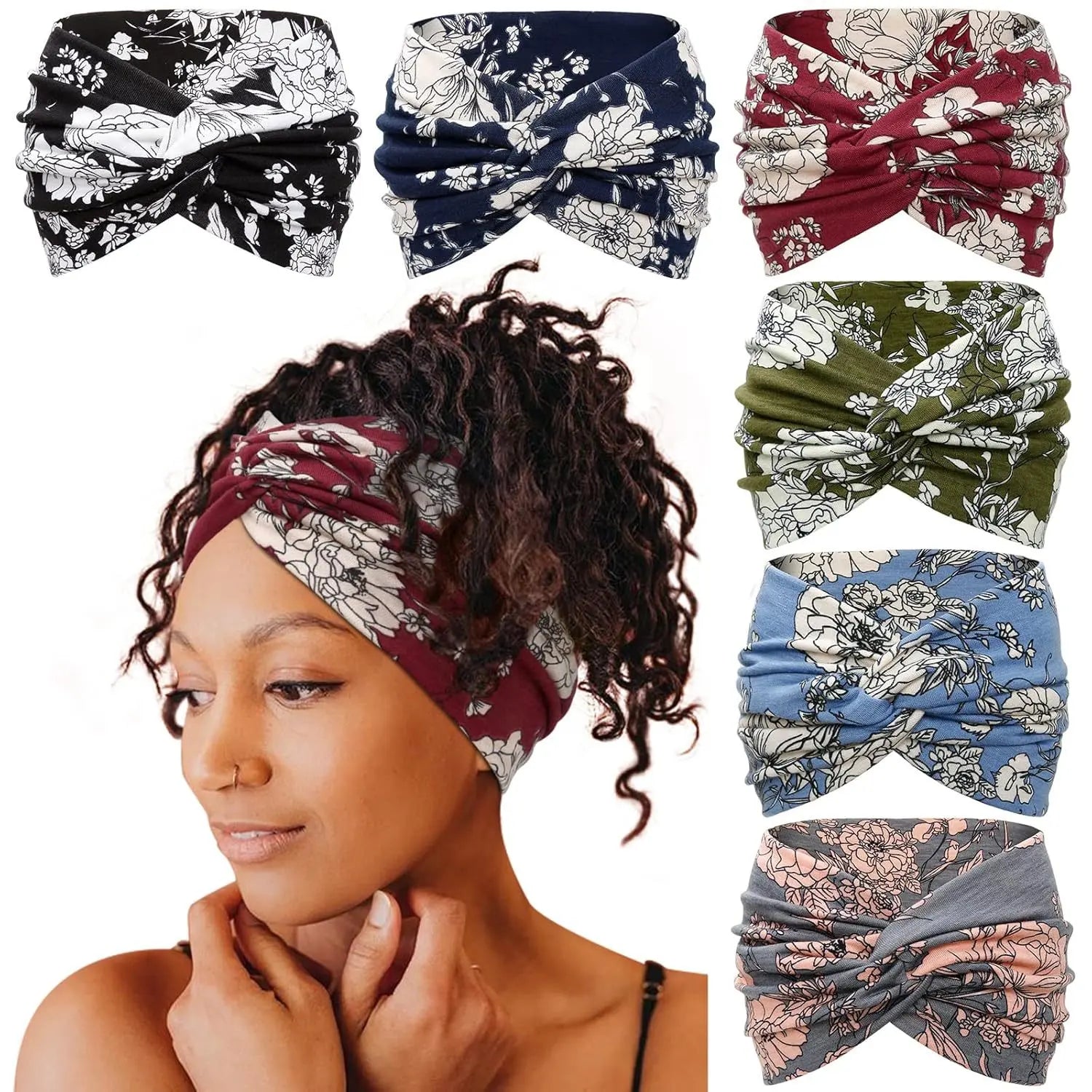 CUBIDUPI 6-Piece Bohemian Wide Headband Set – Breathable Yoga Sweatbands for Women, Ideal for Running and Fitness Activities