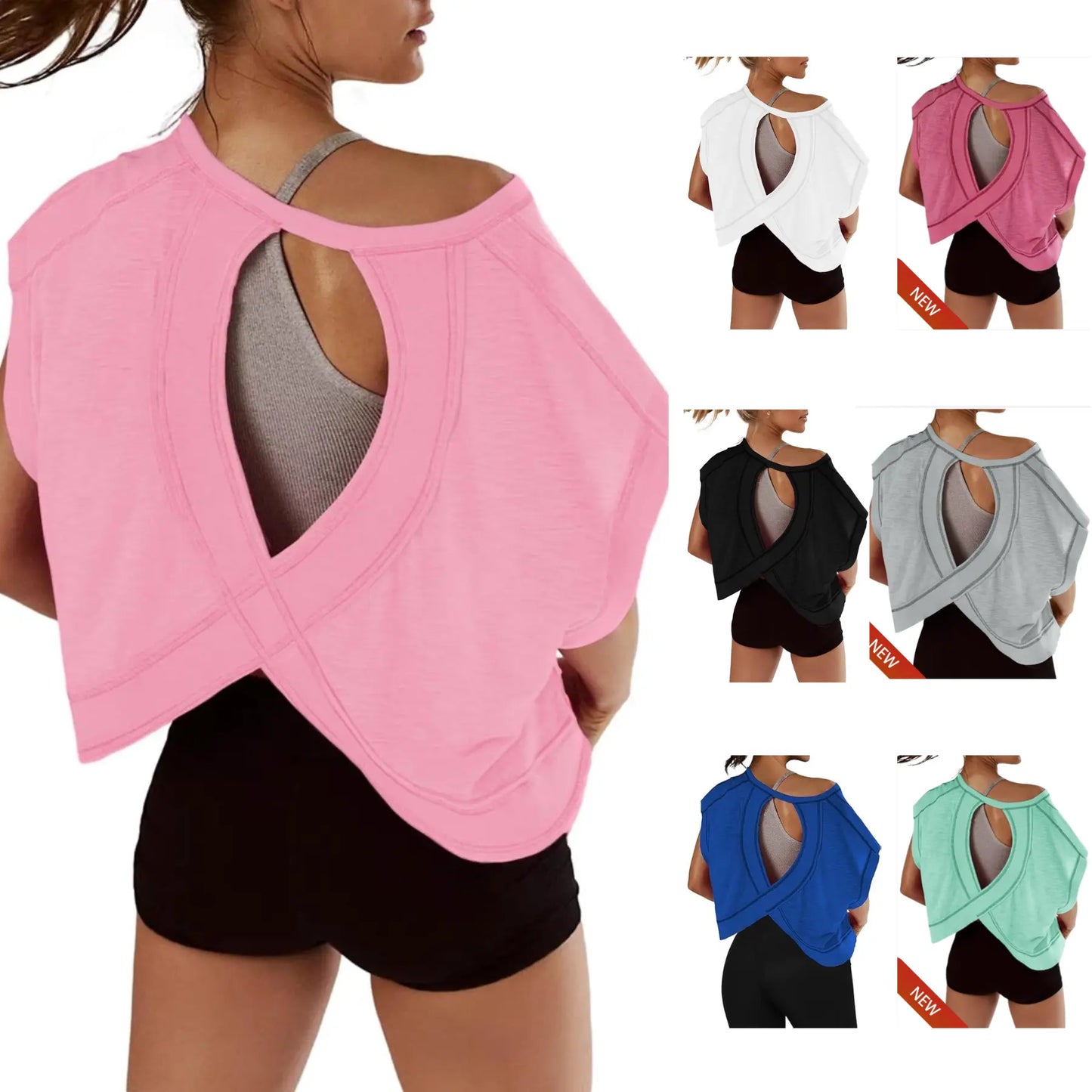 SCUSTY Women's Casual Sportswear Short Sleeve Open Back Workout Tops for Yoga and Gym Activities