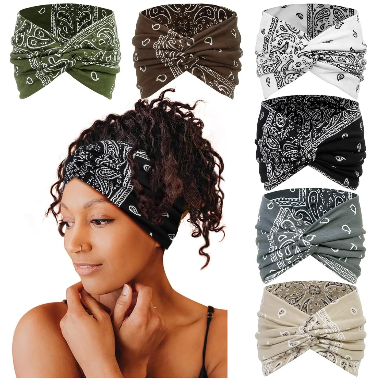 CUBIDUPI 6-Piece Bohemian Wide Headband Set – Breathable Yoga Sweatbands for Women, Ideal for Running and Fitness Activities