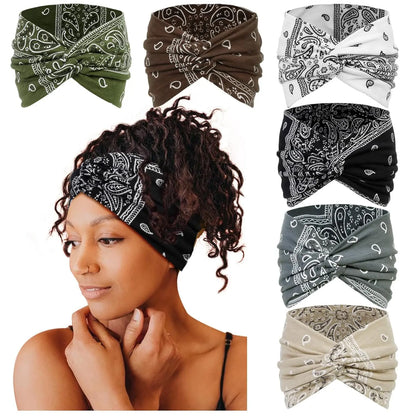 CUBIDUPI 6-Piece Bohemian Wide Headband Set – Breathable Yoga Sweatbands for Women, Ideal for Running and Fitness Activities