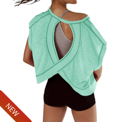 SCUSTY Women's Casual Sportswear Short Sleeve Open Back Workout Tops for Yoga and Gym Activities