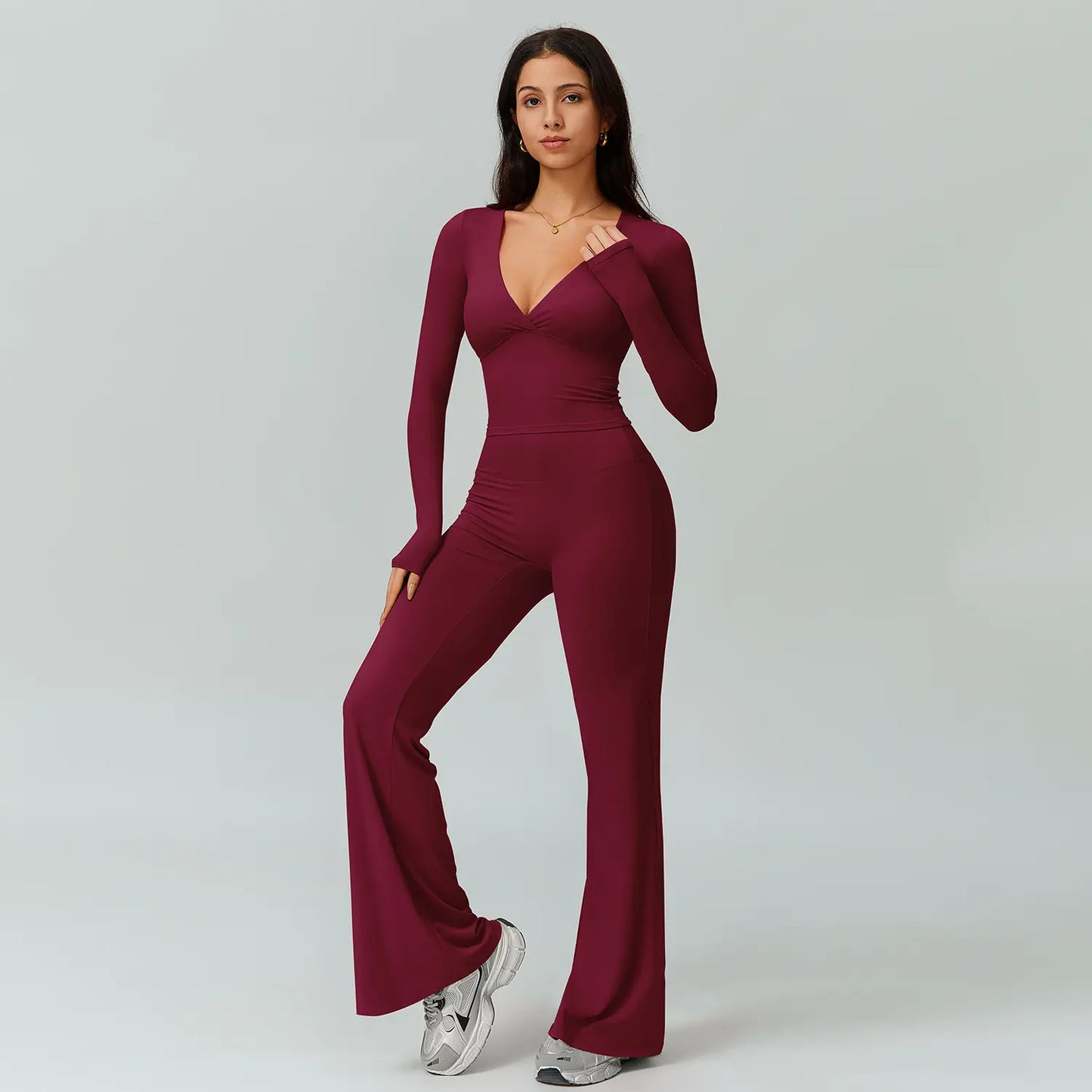 TIMEOFF Women's 2-Piece High Stretch Activewear Set - Long Sleeve Plunging V-Neck Top with High-Waisted Flared Leggings - Ideal for Gym, Yoga, Running, and Athleisure Wear