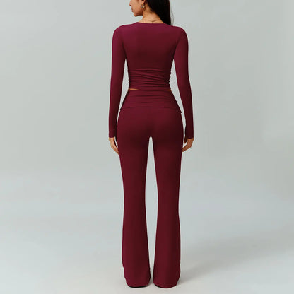 TIMEOFF Women's 2-Piece High Stretch Activewear Set - Long Sleeve Plunging V-Neck Top with High-Waisted Flared Leggings - Ideal for Gym, Yoga, Running, and Athleisure Wear