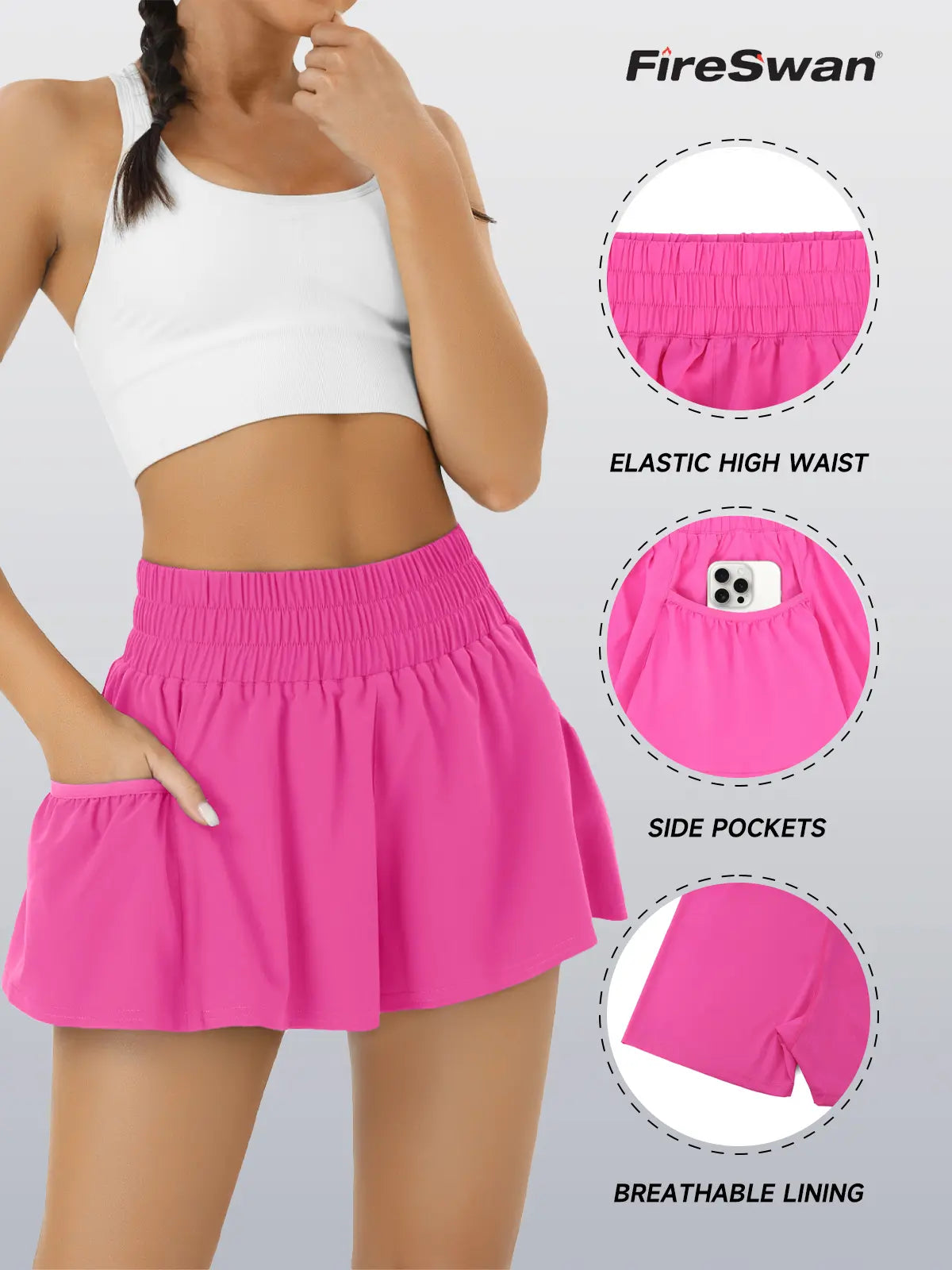 Fireswan Women's High-Waisted Athletic Shorts - Elastic Running and Gym Workout Shorts with Pockets