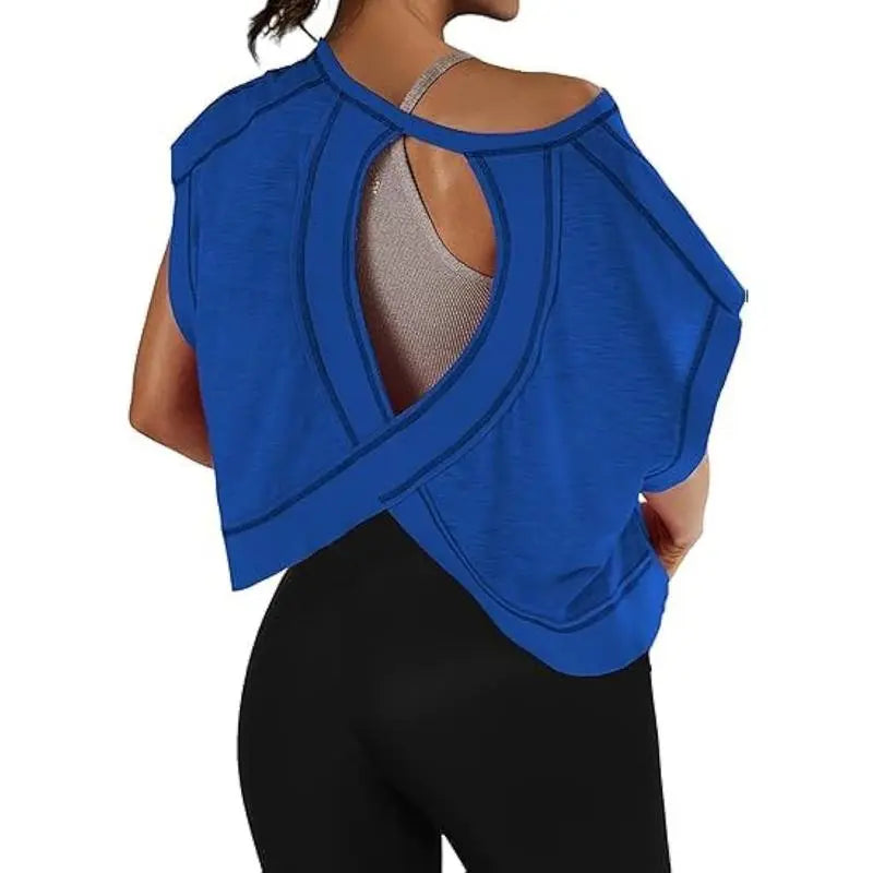 SCUSTY Women's Casual Sportswear Short Sleeve Open Back Workout Tops for Yoga and Gym Activities