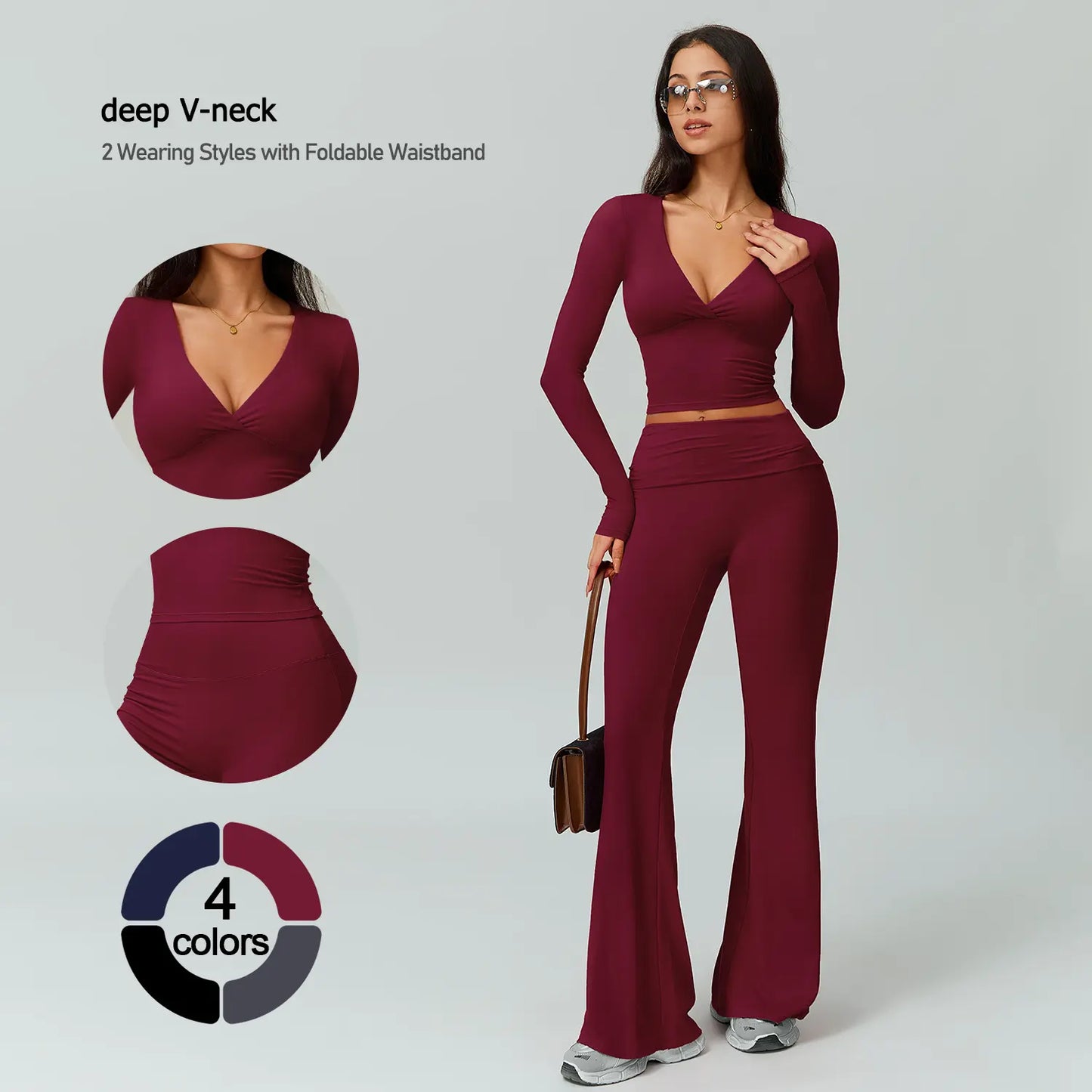 TIMEOFF Women's 2-Piece High Stretch Activewear Set - Long Sleeve Plunging V-Neck Top with High-Waisted Flared Leggings - Ideal for Gym, Yoga, Running, and Athleisure Wear