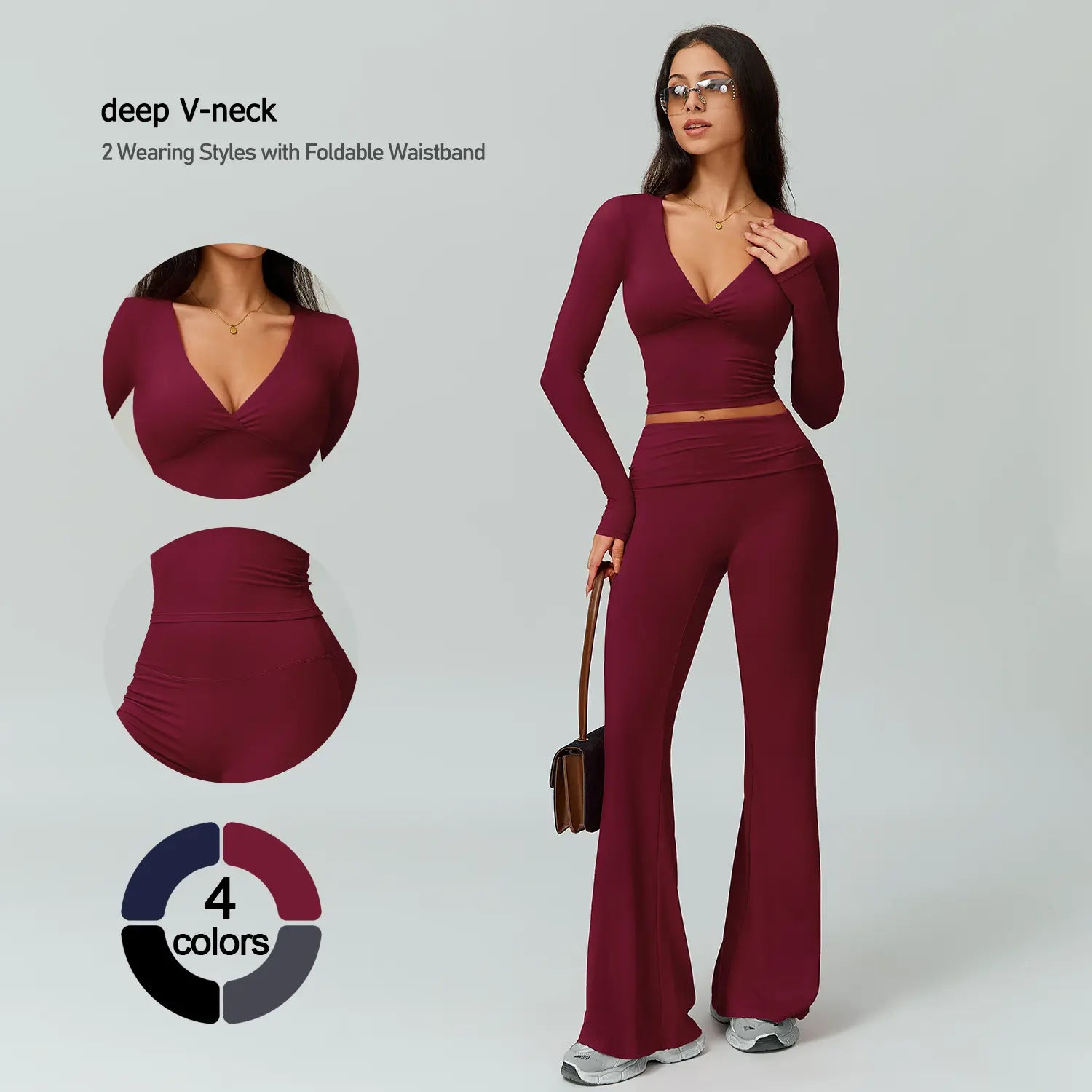 TIMEOFF Women's 2-Piece High Stretch Activewear Set - Long Sleeve Plunging V-Neck Top with High-Waisted Flared Leggings - Ideal for Gym, Yoga, Running, and Athleisure Wear