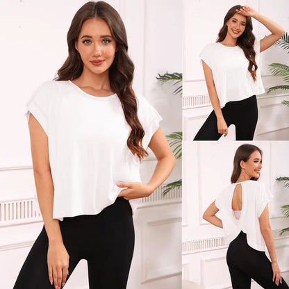 SCUSTY Women's Casual Sportswear Short Sleeve Open Back Workout Tops for Yoga and Gym Activities