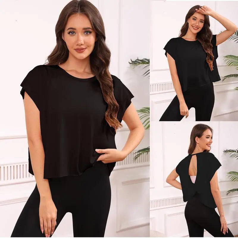 SCUSTY Women's Casual Sportswear Short Sleeve Open Back Workout Tops for Yoga and Gym Activities
