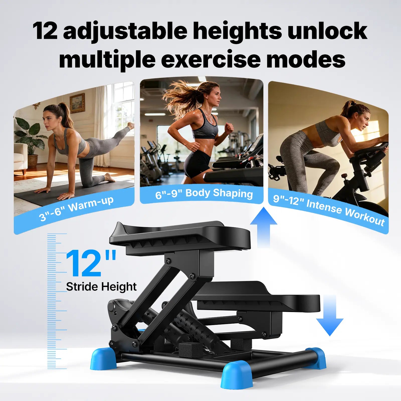 Merach 3-In-1 Mini Stair Stepper with Knee Guard Cushion Pedals, 12-Inch Step Height, 330 lbs Weight Capacity, Indoor Home Exercise Equipment with Resistance Bands