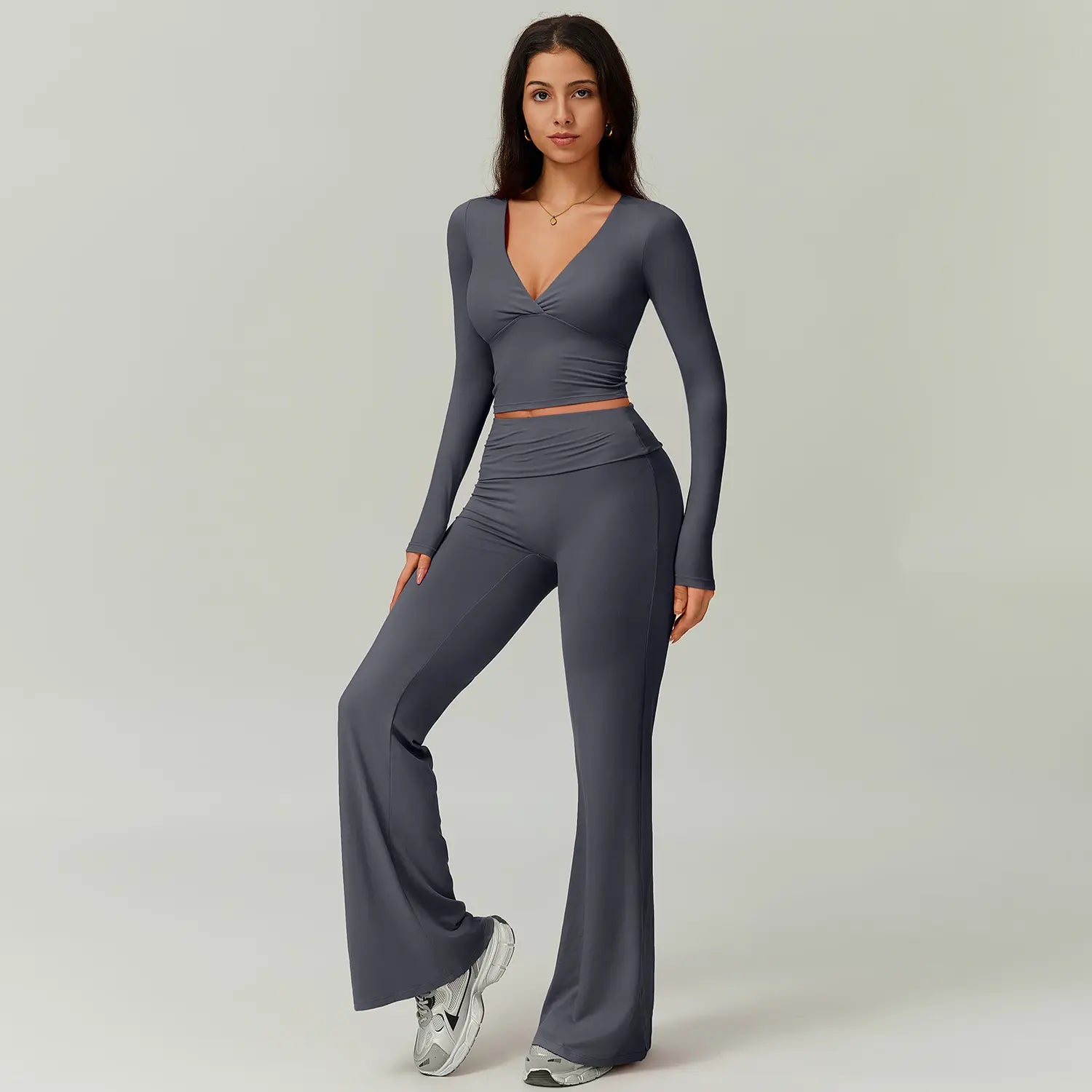 TIMEOFF Women's 2-Piece High Stretch Activewear Set - Long Sleeve Plunging V-Neck Top with High-Waisted Flared Leggings - Ideal for Gym, Yoga, Running, and Athleisure Wear