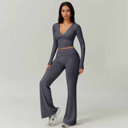TIMEOFF Women's 2-Piece High Stretch Activewear Set - Long Sleeve Plunging V-Neck Top with High-Waisted Flared Leggings - Ideal for Gym, Yoga, Running, and Athleisure Wear
