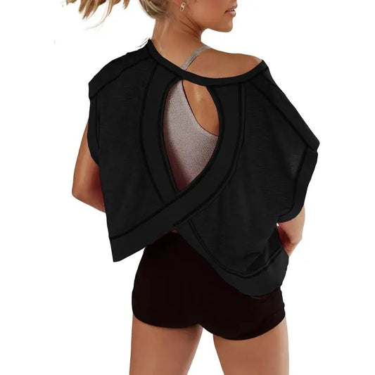 SCUSTY Women's Casual Sportswear Short Sleeve Open Back Workout Tops for Yoga and Gym Activities