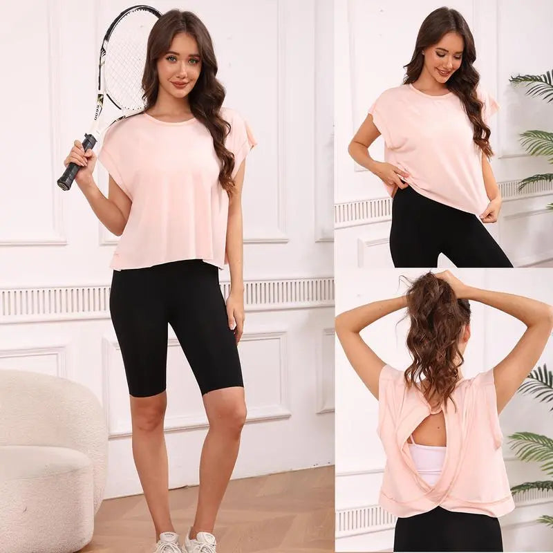 SCUSTY Women's Casual Sportswear Short Sleeve Open Back Workout Tops for Yoga and Gym Activities