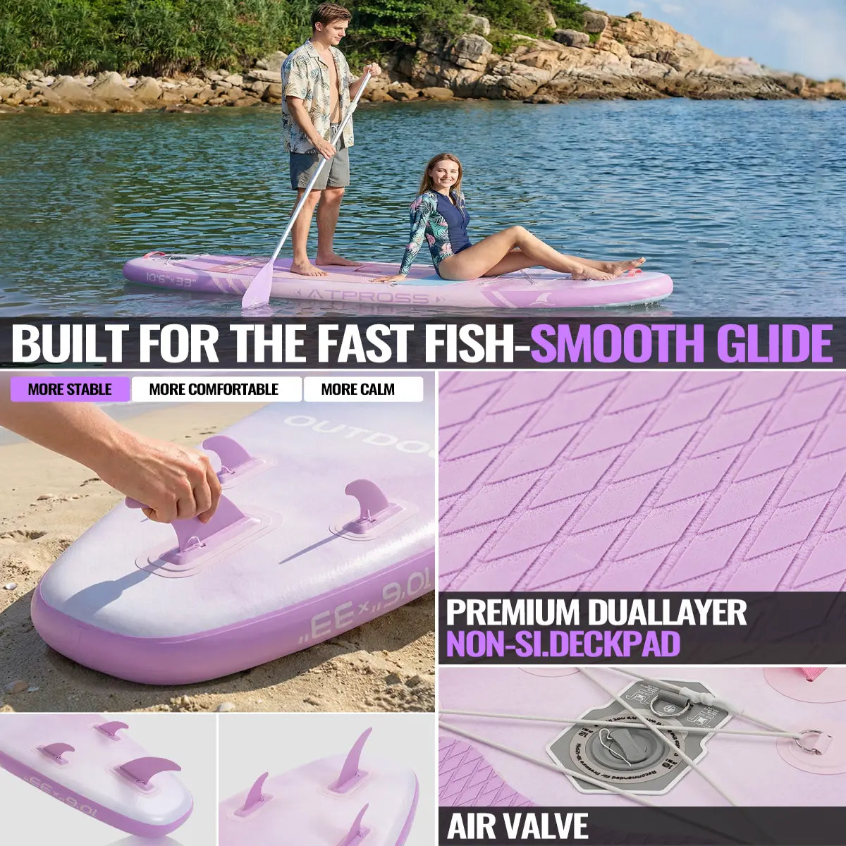 Pro 10'6" x 33" Extra Wide Stand-Up Paddleboard, 400 lbs Capacity, Anti-Slip EVA Surface, Compact Portable Accessories Kit, Stable Watercraft for Beginners and Yoga Enthusiasts