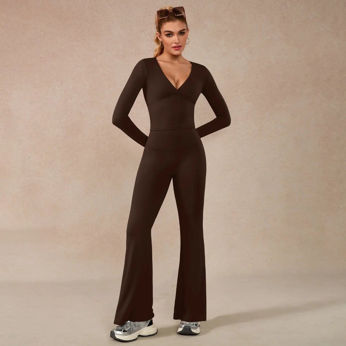 TIMEOFF Women's 2-Piece High Stretch Activewear Set - Long Sleeve Plunging V-Neck Top with High-Waisted Flared Leggings - Ideal for Gym, Yoga, Running, and Athleisure Wear