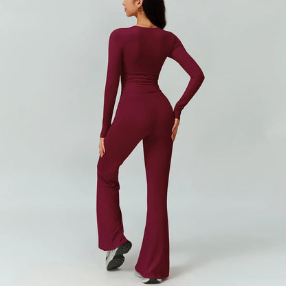 TIMEOFF Women's 2-Piece High Stretch Activewear Set - Long Sleeve Plunging V-Neck Top with High-Waisted Flared Leggings - Ideal for Gym, Yoga, Running, and Athleisure Wear