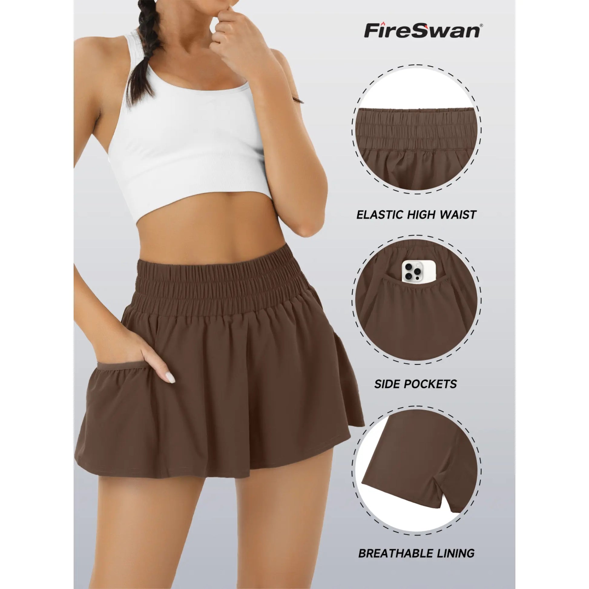 Fireswan Women's High-Waisted Athletic Shorts - Elastic Running and Gym Workout Shorts with Pockets