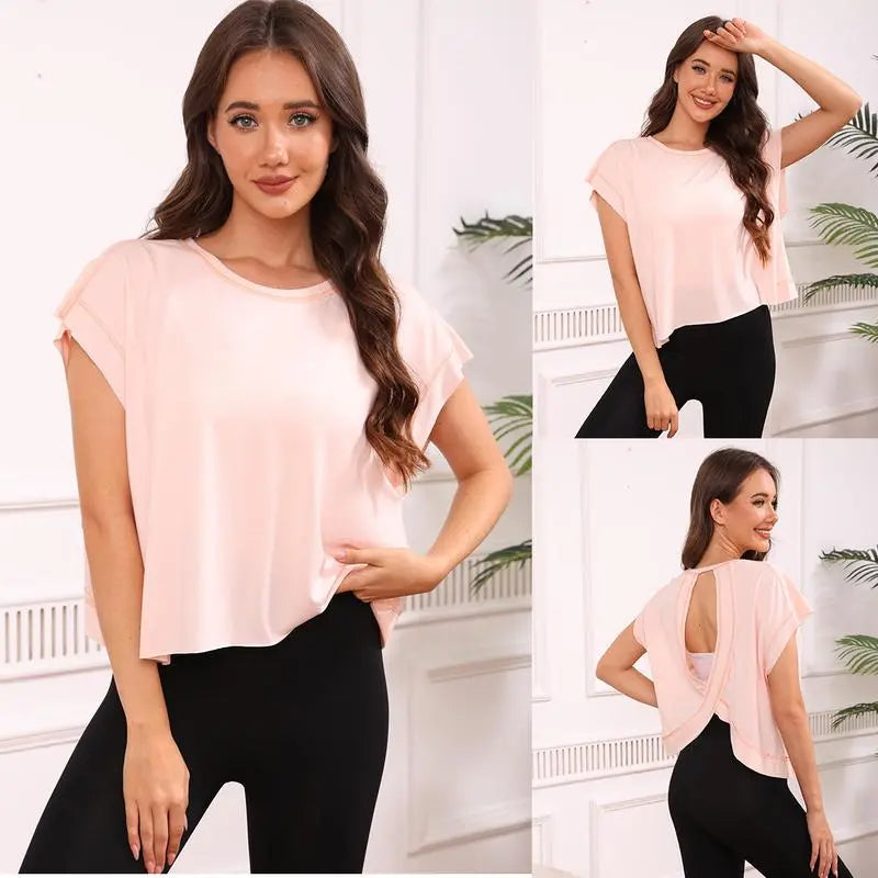 SCUSTY Women's Casual Sportswear Short Sleeve Open Back Workout Tops for Yoga and Gym Activities
