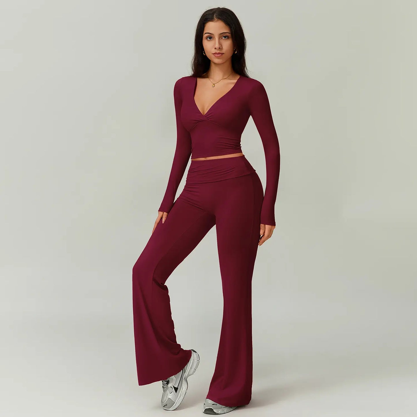 TIMEOFF Women's 2-Piece High Stretch Activewear Set - Long Sleeve Plunging V-Neck Top with High-Waisted Flared Leggings - Ideal for Gym, Yoga, Running, and Athleisure Wear