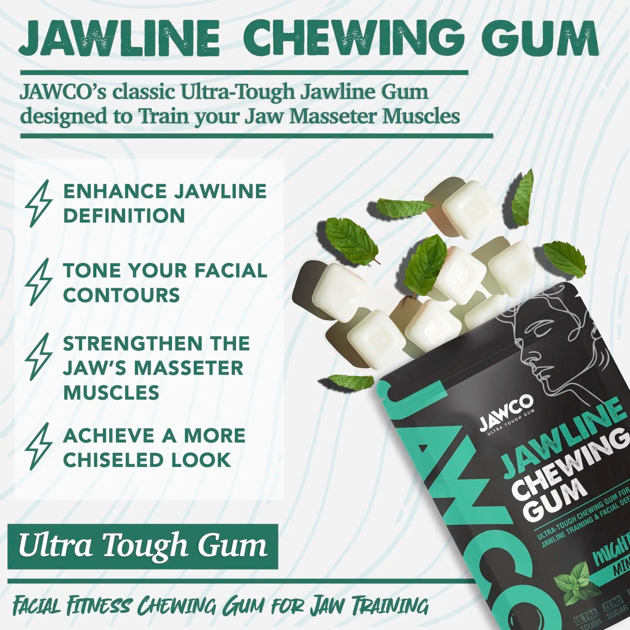 JAWCO Ultra-Durable Jawline Chewing Gum | Enhance Jawline Definition | 15X Strength | Mint Flavor Facial Fitness Gum (35 Pieces)