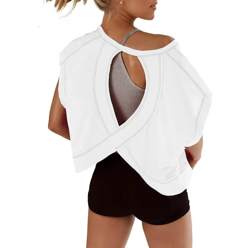 SCUSTY Women's Casual Sportswear Short Sleeve Open Back Workout Tops for Yoga and Gym Activities