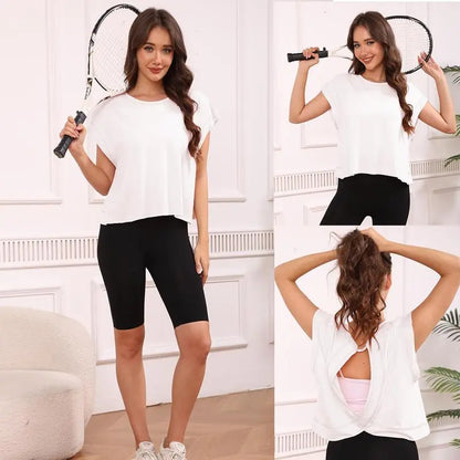 SCUSTY Women's Casual Sportswear Short Sleeve Open Back Workout Tops for Yoga and Gym Activities