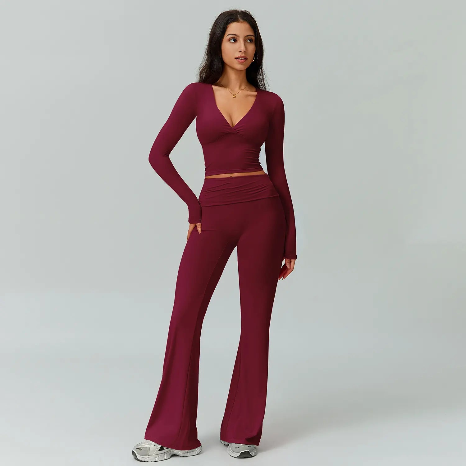 TIMEOFF Women's 2-Piece High Stretch Activewear Set - Long Sleeve Plunging V-Neck Top with High-Waisted Flared Leggings - Ideal for Gym, Yoga, Running, and Athleisure Wear