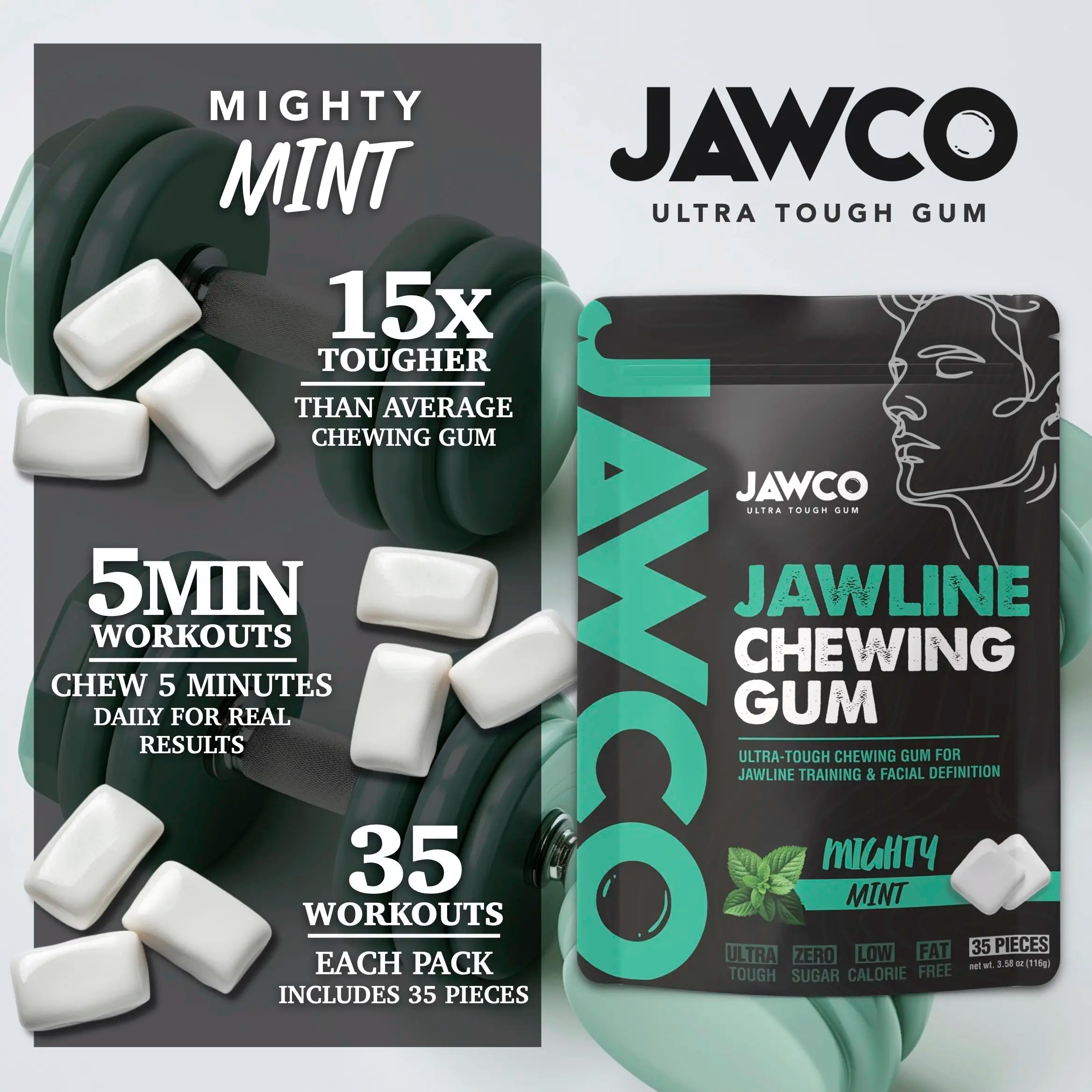 JAWCO Ultra-Durable Jawline Chewing Gum | Enhance Jawline Definition | 15X Strength | Mint Flavor Facial Fitness Gum (35 Pieces)