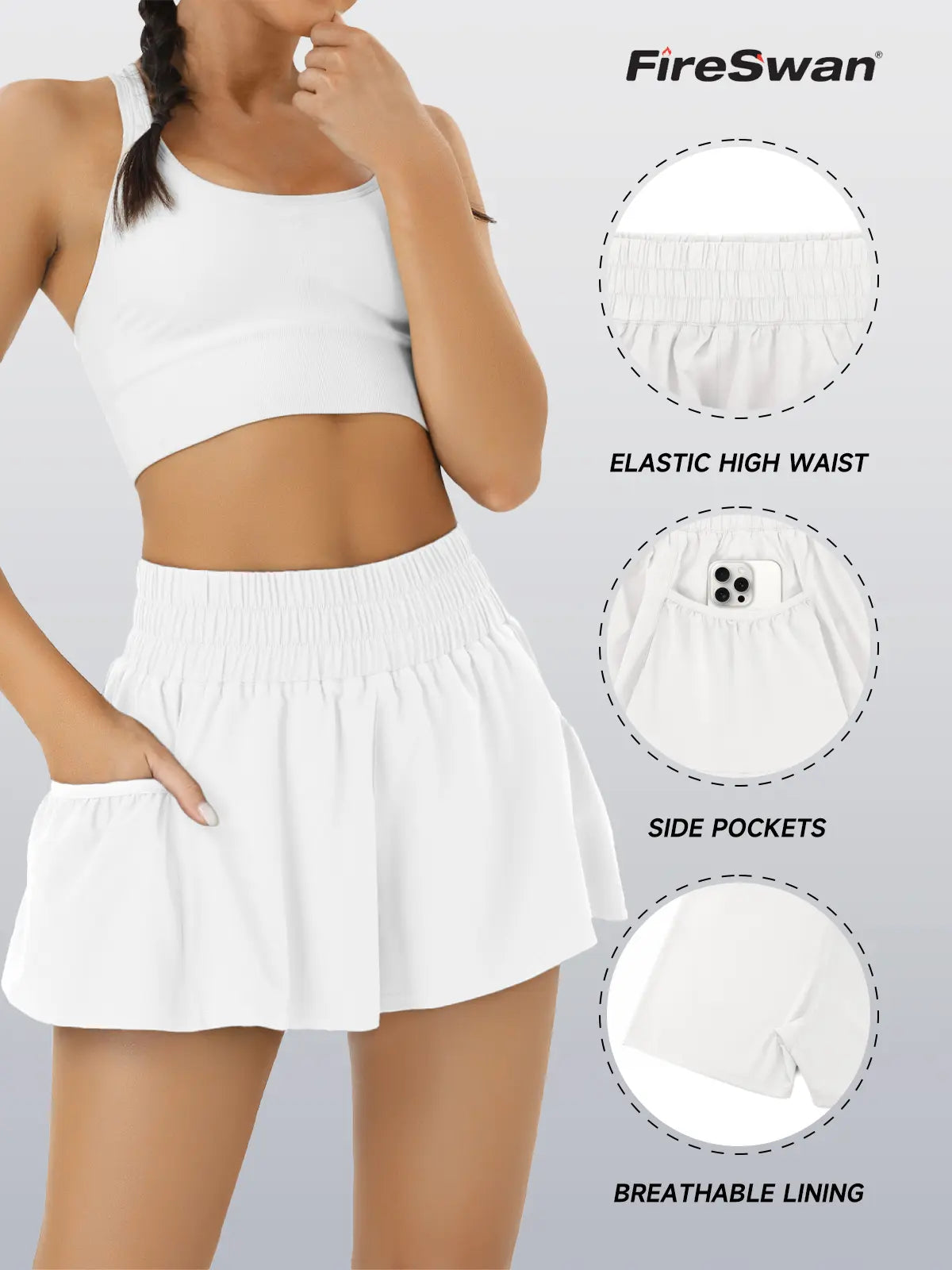 Fireswan Women's High-Waisted Athletic Shorts - Elastic Running and Gym Workout Shorts with Pockets