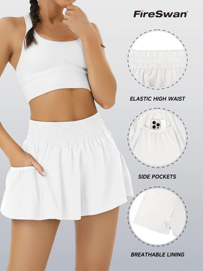 Fireswan Women's High-Waisted Athletic Shorts - Elastic Running and Gym Workout Shorts with Pockets
