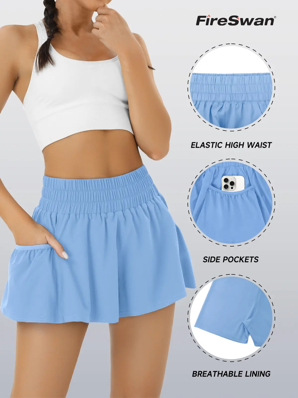 Fireswan Women's High-Waisted Athletic Shorts - Elastic Running and Gym Workout Shorts with Pockets