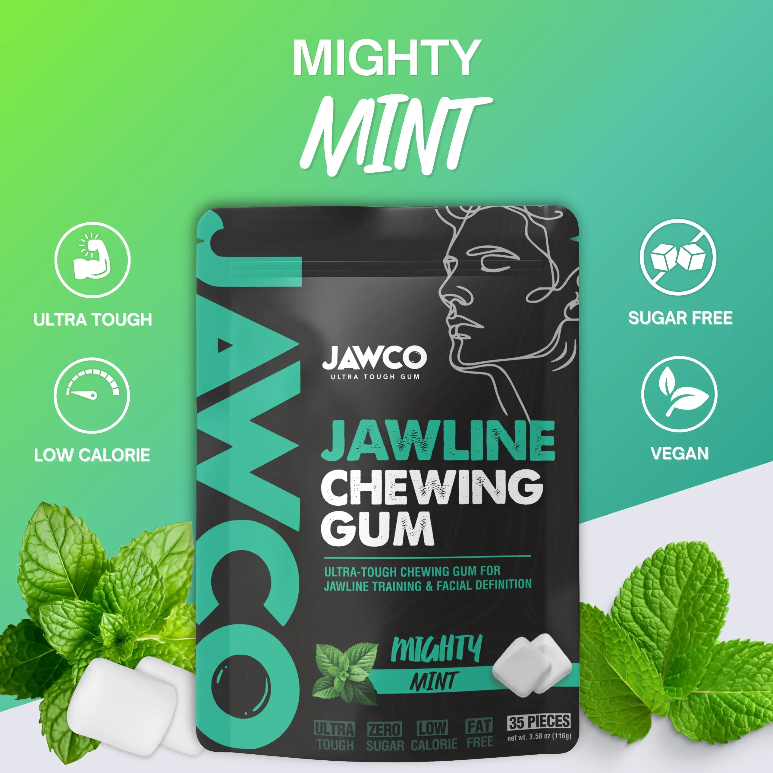 JAWCO Ultra-Durable Jawline Chewing Gum | Enhance Jawline Definition | 15X Strength | Mint Flavor Facial Fitness Gum (35 Pieces)