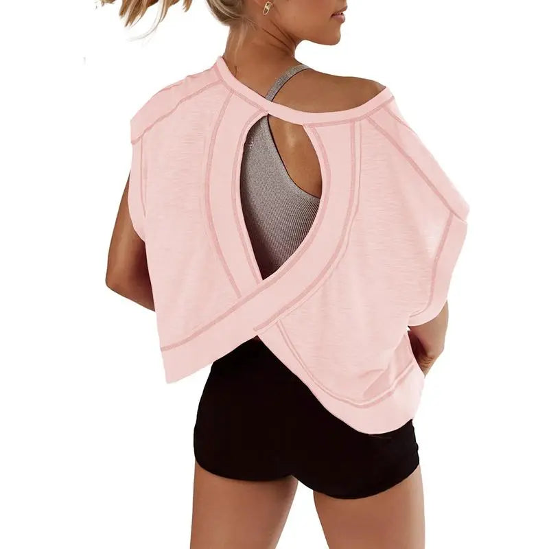 SCUSTY Women's Casual Sportswear Short Sleeve Open Back Workout Tops for Yoga and Gym Activities