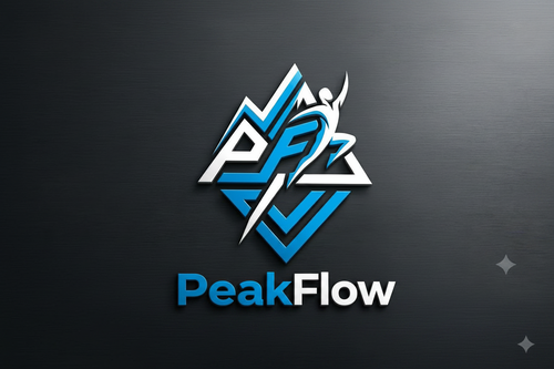 Blue and white logo on a black background