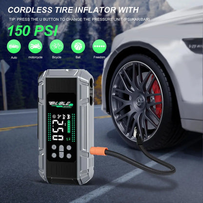 BIUBLE 10000A Multifunctional Portable Car Jump Starter with 26800mAh Battery, 150PSI Tire Inflator, 65W PD Fast Charging Power Bank, and Emergency Vehicle Accessories