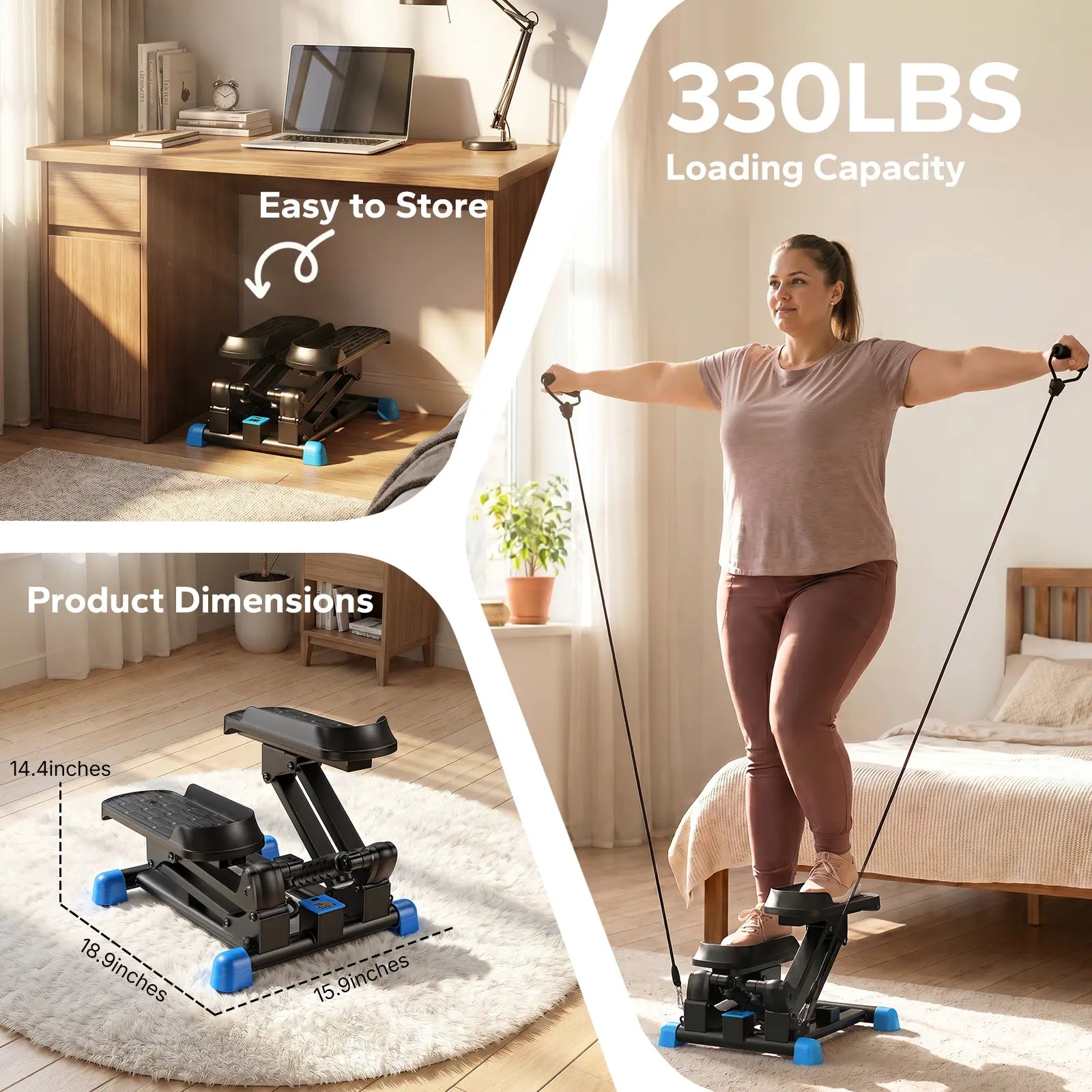 Merach 3-In-1 Mini Stair Stepper with Knee Guard Cushion Pedals, 12-Inch Step Height, 330 lbs Weight Capacity, Indoor Home Exercise Equipment with Resistance Bands