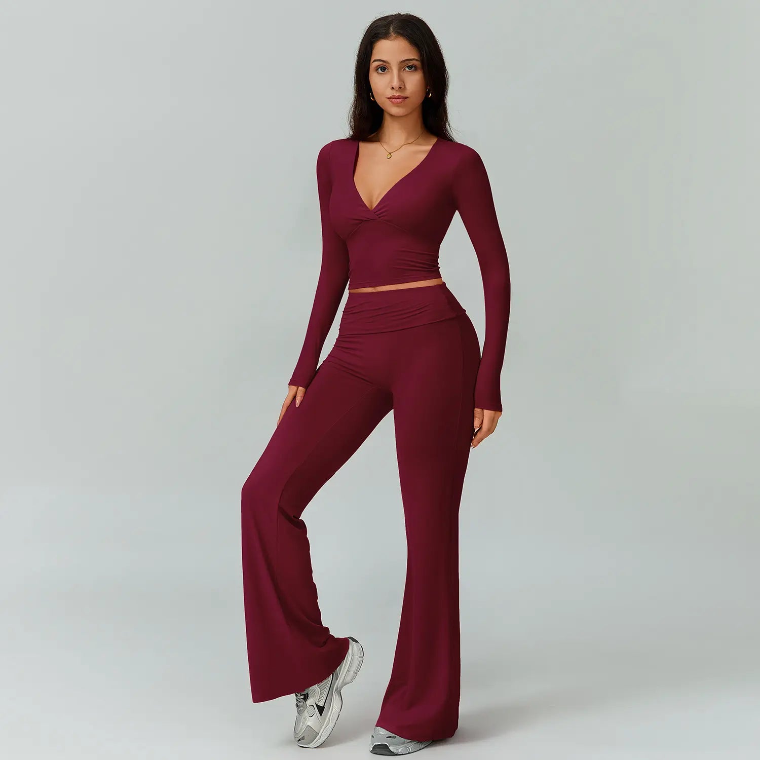 TIMEOFF Women's 2-Piece High Stretch Activewear Set - Long Sleeve Plunging V-Neck Top with High-Waisted Flared Leggings - Ideal for Gym, Yoga, Running, and Athleisure Wear