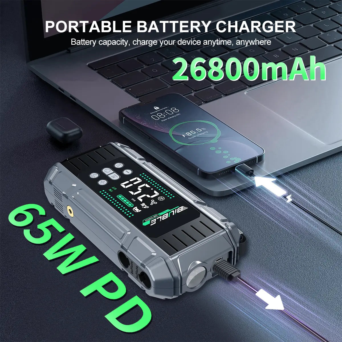 BIUBLE 10000A Multifunctional Portable Car Jump Starter with 26800mAh Battery, 150PSI Tire Inflator, 65W PD Fast Charging Power Bank, and Emergency Vehicle Accessories