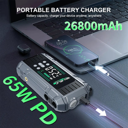 BIUBLE 10000A Multifunctional Portable Car Jump Starter with 26800mAh Battery, 150PSI Tire Inflator, 65W PD Fast Charging Power Bank, and Emergency Vehicle Accessories