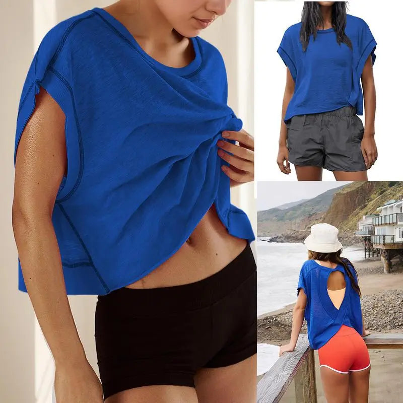 SCUSTY Women's Casual Sportswear Short Sleeve Open Back Workout Tops for Yoga and Gym Activities