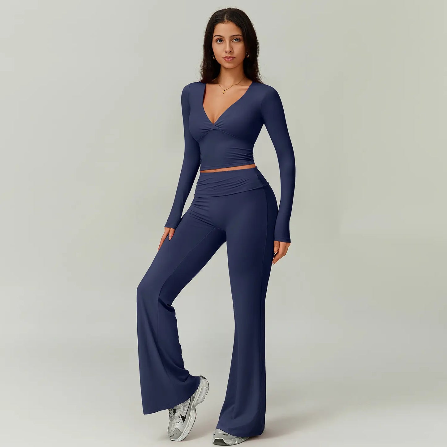 TIMEOFF Women's 2-Piece High Stretch Activewear Set - Long Sleeve Plunging V-Neck Top with High-Waisted Flared Leggings - Ideal for Gym, Yoga, Running, and Athleisure Wear