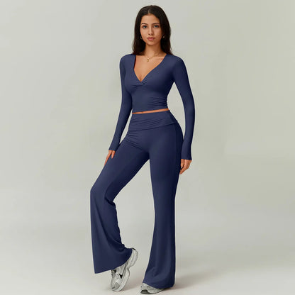TIMEOFF Women's 2-Piece High Stretch Activewear Set - Long Sleeve Plunging V-Neck Top with High-Waisted Flared Leggings - Ideal for Gym, Yoga, Running, and Athleisure Wear