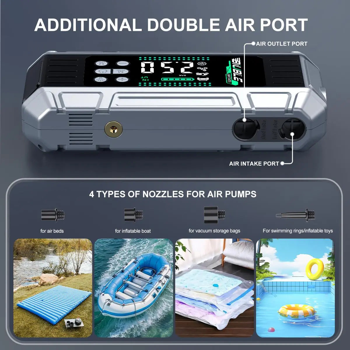 BIUBLE 10000A Multifunctional Portable Car Jump Starter with 26800mAh Battery, 150PSI Tire Inflator, 65W PD Fast Charging Power Bank, and Emergency Vehicle Accessories