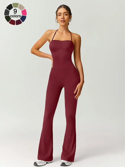 Women's Solid Color Flare Leg Jumpsuit - Casual and Breathable Sportswear for Yoga and Gym Workouts, Ideal for Summer Fitness