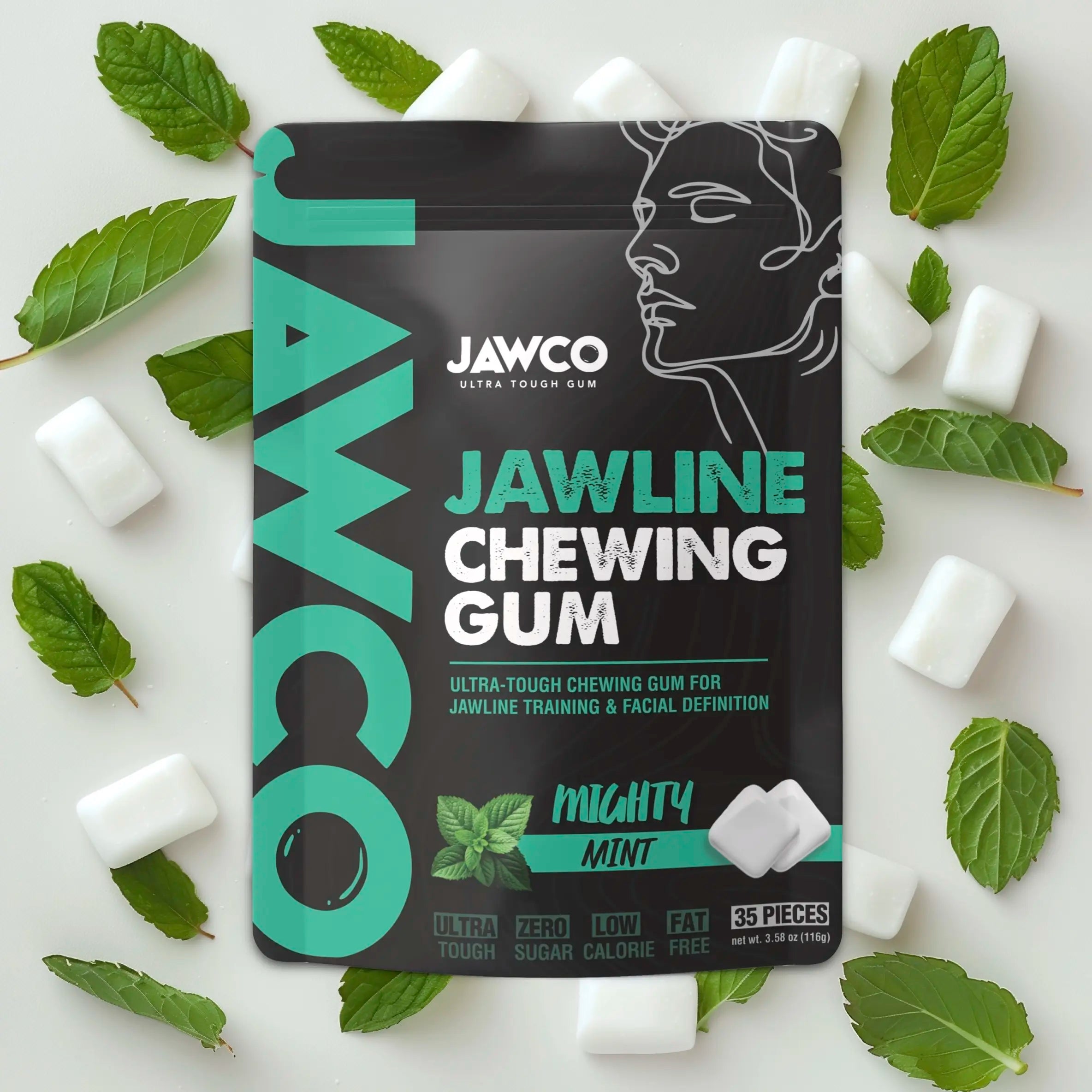 JAWCO Ultra-Durable Jawline Chewing Gum | Enhance Jawline Definition | 15X Strength | Mint Flavor Facial Fitness Gum (35 Pieces)