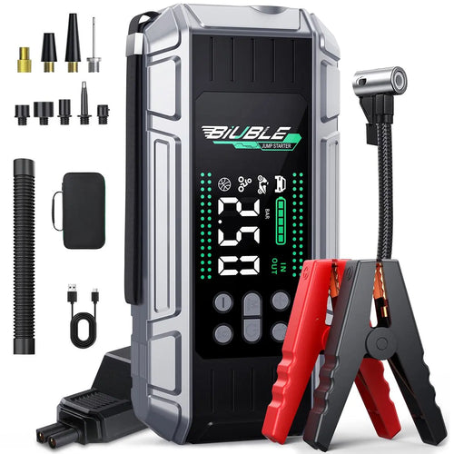 BIUBLE 10000A Multifunctional Portable Car Jump Starter with 26800mAh Battery, 150PSI Tire Inflator, 65W PD Fast Charging Power Bank, and Emergency Vehicle Accessories