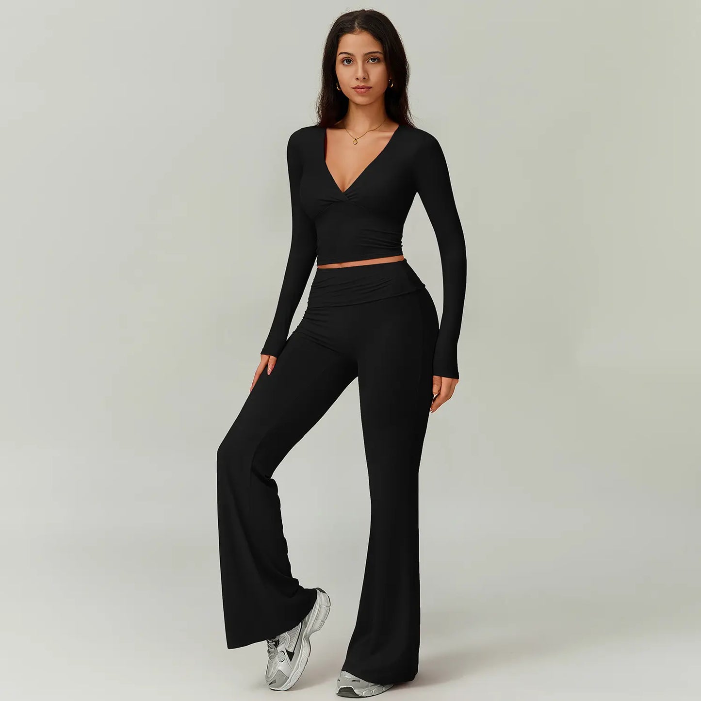 TIMEOFF Women's 2-Piece High Stretch Activewear Set - Long Sleeve Plunging V-Neck Top with High-Waisted Flared Leggings - Ideal for Gym, Yoga, Running, and Athleisure Wear