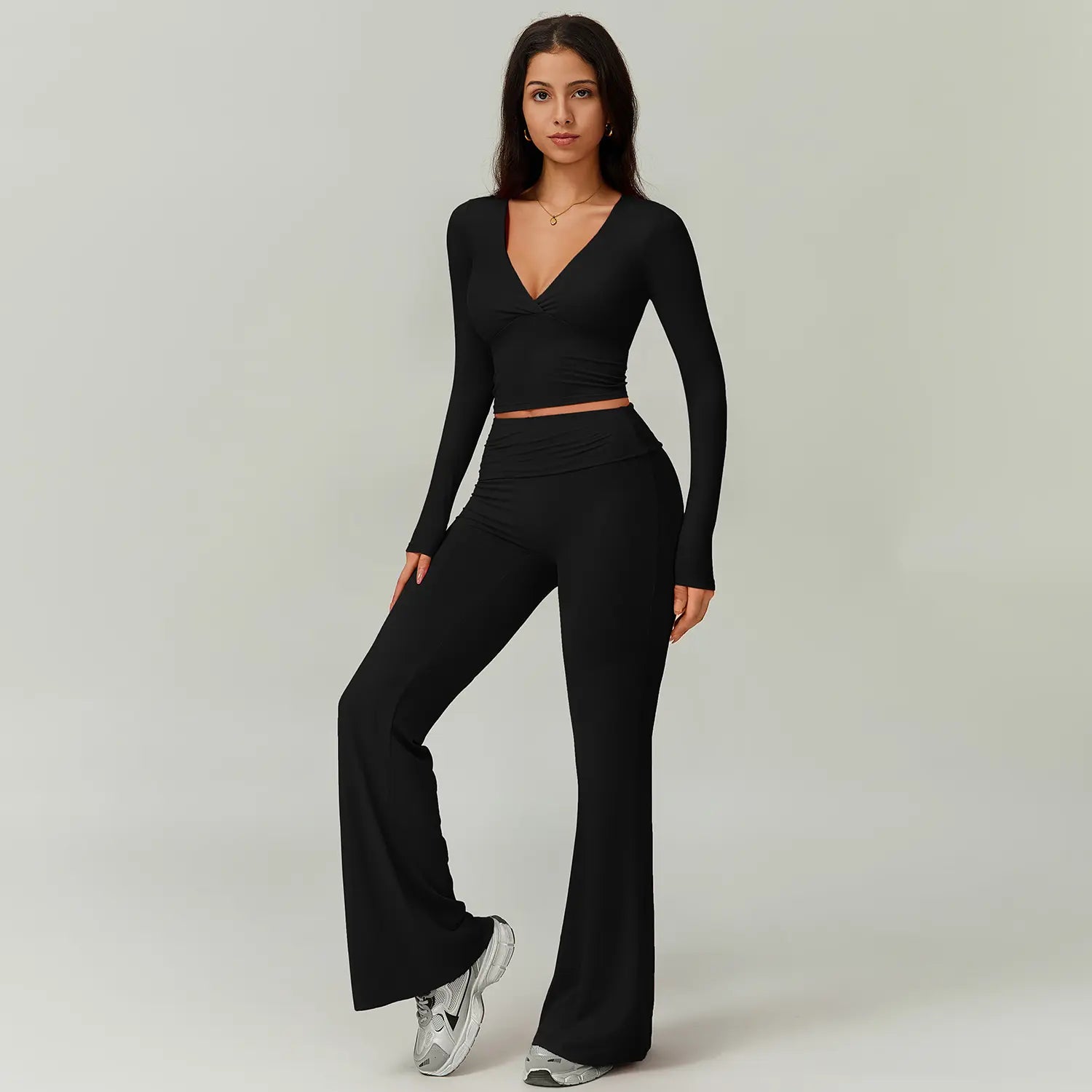 TIMEOFF Women's 2-Piece High Stretch Activewear Set - Long Sleeve Plunging V-Neck Top with High-Waisted Flared Leggings - Ideal for Gym, Yoga, Running, and Athleisure Wear